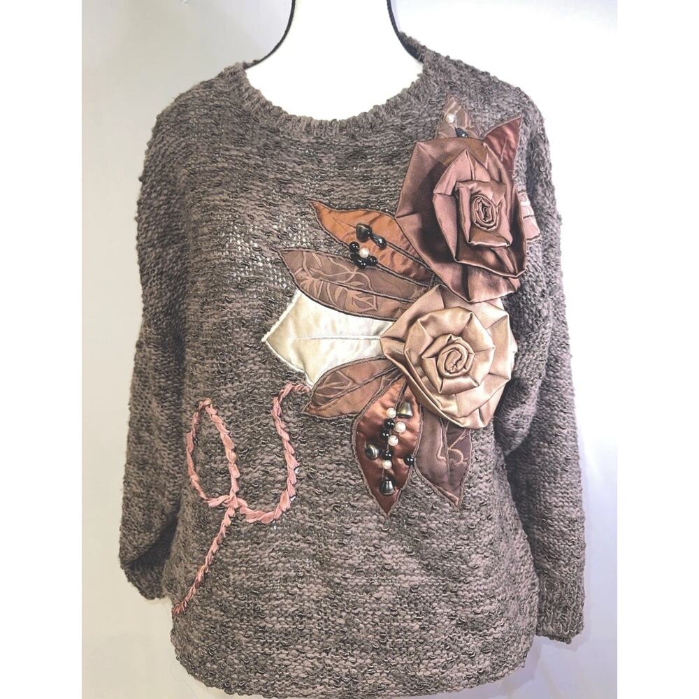 Vintage Brown Beaded Floral‎ Applique Knit Sweater Women Medium